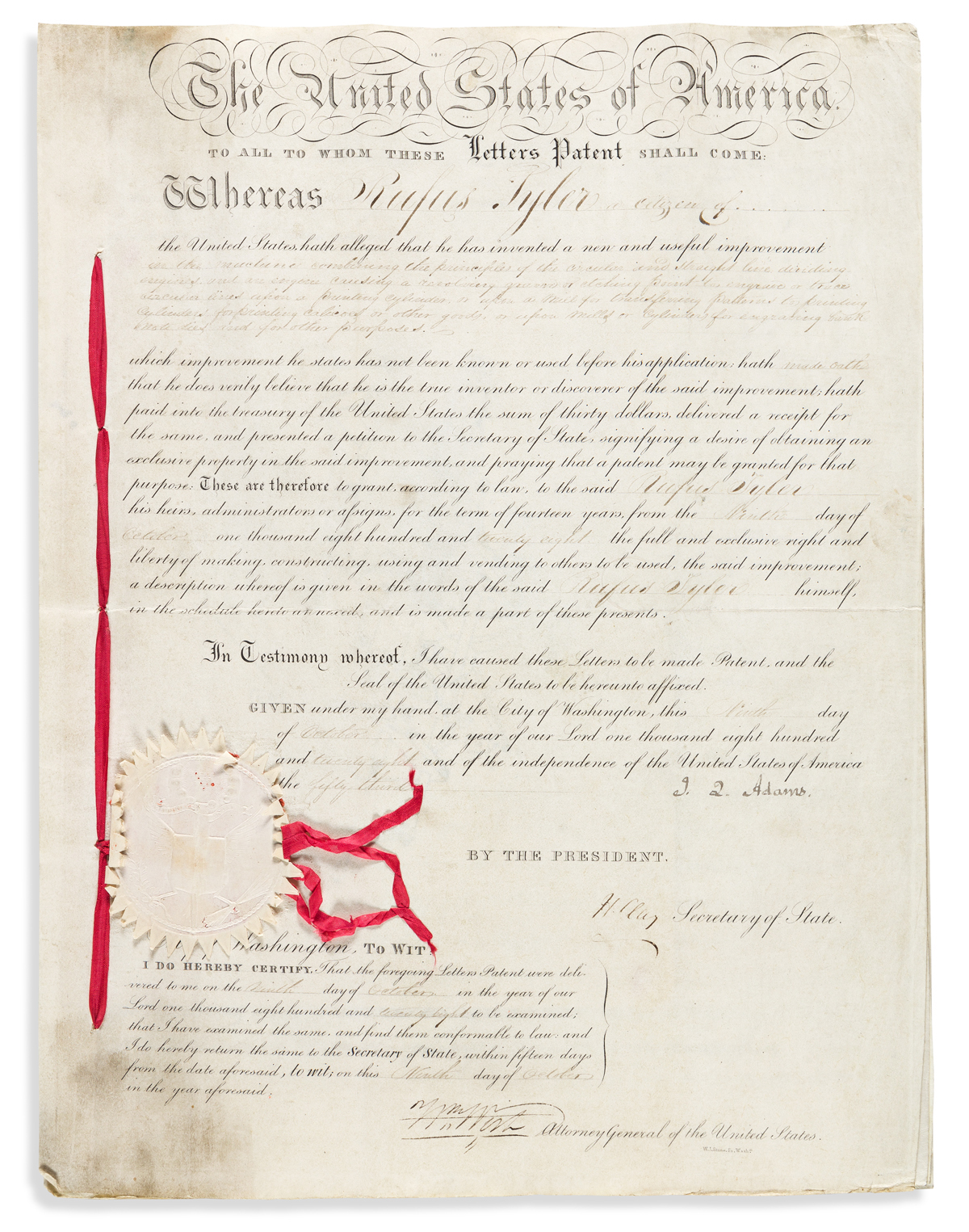 ADAMS, JOHN QUINCY. Partly-printed vellum Document Signed, J.Q. Adams, as President,